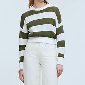 Madewell Sweater Womens Medium White Green Stripe Loose Knit Crewneck